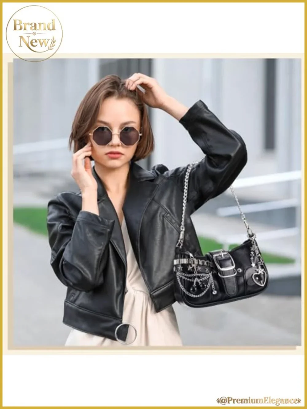 Vintage Hobo Shoulder Bag with Goth Chains and Buckle - Y2K Clutch Purse